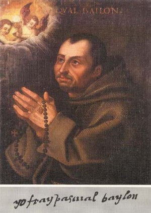 Lienzo-retrato del Santo conservado en su parroquia de Torrehermosa (España) y firma: "Yo, fray Pascual Baylón".