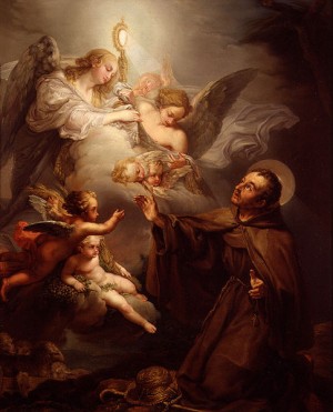 San Pascual Baylón adorando el Santísimo Sacramento. Lienzo de López Piquer, Museo de Bellas Artes Pío V, Valencia (España).