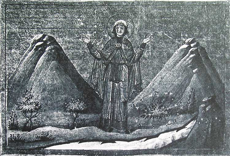 La Santa hace brotar el manantial de las rocas. Menologio de Basilio II. Biblioteca Apostolica Vaticana, Roma (Italia).