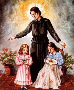 Estandarte de la Beata, amparando a jóvenes y niñas, a las que enseñana bordado y las Sagradas Escrituras.