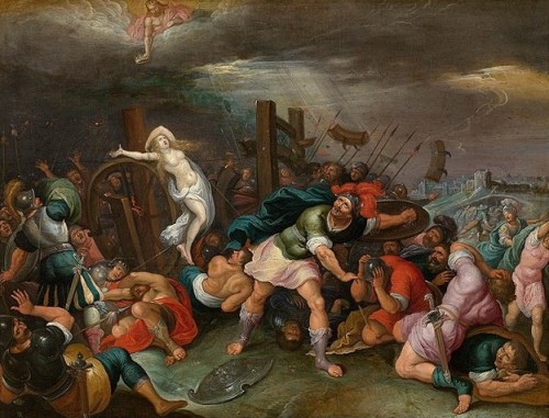 Martirio de Santa Catalina en la rueda de cuchillas. Lienzo barroco de Hieronymus Francken II.
