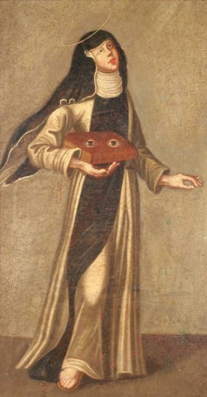 Pintura alemana de la Santa, representada como religiosa cisterciense y portando el libro con los ojos, símbolo de su patronazgo sobre la vista.