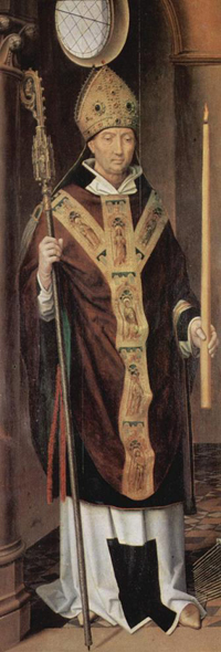Detalle del Santo en una ala del Retablo de la Pasión (Tríptico Greverade) de Hans Memling (1491). Museum für Kunst und Kulturgedichte, Lübeck (Alemania).