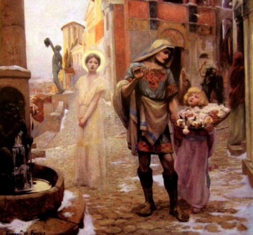 "El milagro de Santa Dorotea", lienzo de Rupert Bunny. Tras el martirio de la Santa, el ángel entrega las rosas a Teófilo.