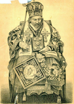 El Santo ya fallecido, sentado y ataviado con los ornamentos de Jerarca. Litografía original de 1868, Monasterio de Sireti (Rumanía).