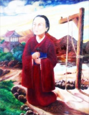 Pintura de Santa Magdalena de Nagasaki con un ejemplar de "tsurushi" al fondo, instrumento de su martirio.