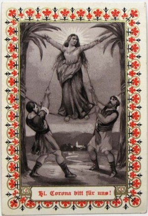 Santa Estefanía (Corona) izada entre dos palmeras dobladas para su descuartizamiento. Estampa popular alemana (s.XIX).