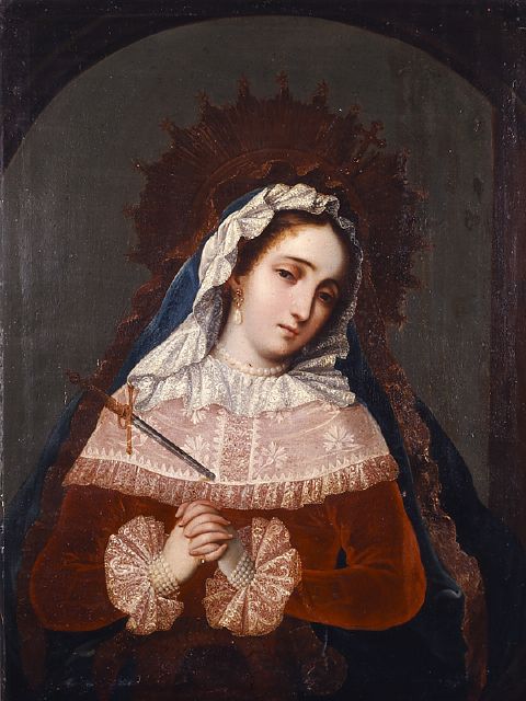 Nuestra Señora de los Dolores, óleo/tela, anónimo novohispano, siglo XVIII, en este cuadro se aprecia a la Virgen dolorosa traspasada por una espada en recuerdo de la profecía de Simeón.