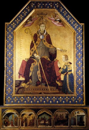 Tabla gótica de San Luis de Tolosa coronando a Roberto de Anjou, rey de Nápoles. Obra de Simone Martini (ca. 1317). Museo de Capodimonte, Nápoles (Italia).