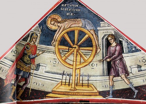 Santa Eufemia torturada en la rueda (que parece ser la de cuchillas, aunque en la passio constaba que era la de fuego). Fresco ortodoxo griego.