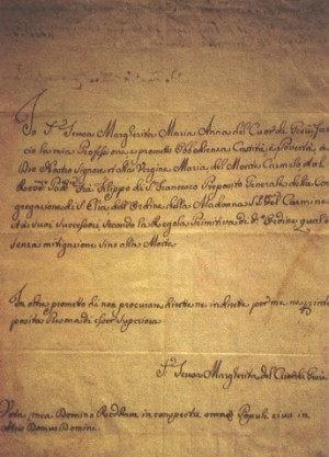 Vista del escrito de la profesión religiosa de la Santa, escrito a 12 de marco de 1766. Monasterio carmelita de Florencia, Italia.