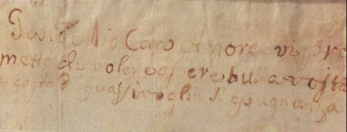 Texto escrito por la Santa con su propia sangre. Dice: "Jesús, mi querido Amor, yo prometo ser todo tuya, independientemente de las contrariedades a las que me voy a tener que enfrentar".