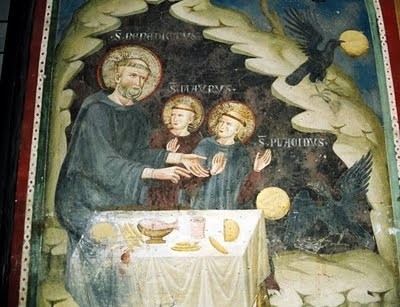 San Benito con San Mauro y San Plácido. En una serie de frescos que adornan Sacro Specco en Subiaco, Italia.