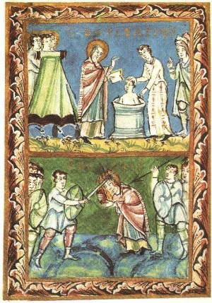 Ilustración del Sacramentario de Fulda, S. XI con dos escenas de la vida de San Bonifacio. Bautizando y siendo martirizado.