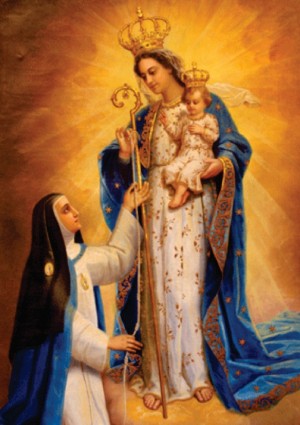 Pintura que representa a la Virgen del Buen Suceso con la Madre Mariana. Nótese que la Virgen toma sus medidas con el cordón franciscano del hábito de la religiosa.
