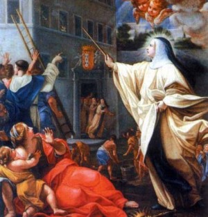Milagro de la Beata Mafalda, abadesa de Arousa. En la pintura pueden verse los atributos iconográficos a sus pies: cetro y corona. Al fondo, sobre la puerta del monasterio en llamas, aparece el escudo de Portugal.