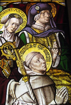 Vitral de Santa Aleth y San Tescelín ofreciendo a su hijo San Bernardo. Abadia de Mariawald, Alemania. S. XVI