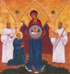 Icono de la Madre de Dios del Signo con los fundadores de Citeaux los Santos Roberto de Moles, Alberico y Esteban Harding.