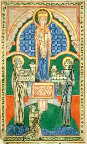San Esteban Harding y San Vaast presentan los modelos de sus iglesias a Nuestra Señora.