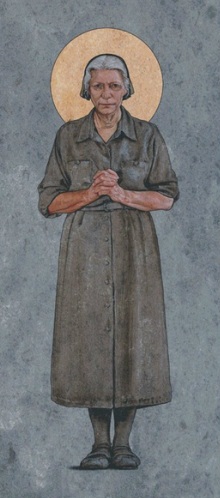 Dorothy Day, Obl. OSB. Periodista y activista católica norteamericana del siglo XX. La imagen corresponde a una serie de tapices en St. Sthepen the Deacon Parish en El Paso, Texas. La aureola es incorrecta en esta imagen porque no está formalmente beatificada.