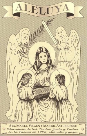"Aleluya" (estampa) de la Santa con los Santos Justo y Pastor, editada para la Pascua de 1996. Parroquia de la Santa en Astorga, España.