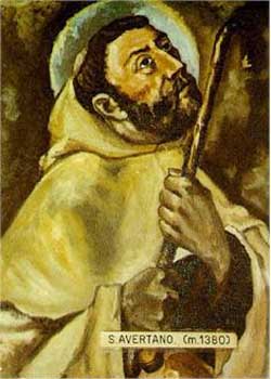 Ilustración contemporánea de San Avertano, en su hábito de carmelita y portando el bastón de peregrino.