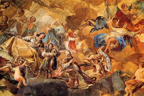 Detalle de los frescos de Francisco de Goya y Lucientes en la cúpula "Regina Martyrum" en la Basílica de Nuestra Señora del Pilar, Zaragoza (España). A la izquierda se ve a la Santa con los Santos Justo y Pastor.