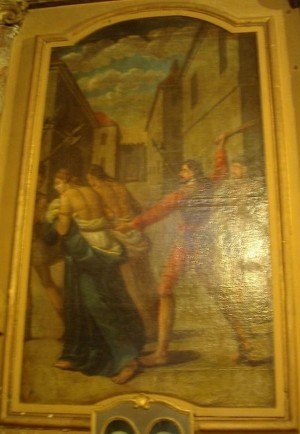 Las Santas son azotadas y expulsadas de la ciudad. Oratorio Saint Michel, Mas-Saintes-Puelles, Francia.