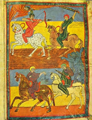 Los cuatro jinetes del Apocalipsis. Iluminación románica de un Beato de Liébana (s.X). Universidad de Valladolid, España.