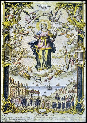 Grabado coloreado de la Santa como patrona de Barcelona. Fuente: Arxiu dels Caputxins de Catalunya i Balears.