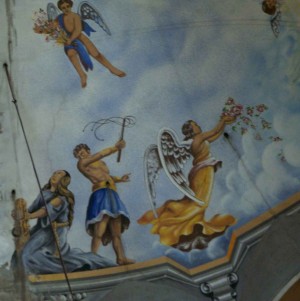 Detalle del martirio de la Santa en las pinturas del ábside de su iglesia en Poble Sec, Barcelona (España). Fotografía: José Mª Ramón.