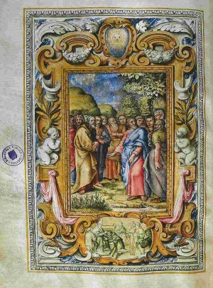 Cristo y los apóstoles, de Francesco Grigiotti. Página del Misal de Cuaresma y Semana Santa del Papa Urbano VIII (1635). Biblioteca Nacional de España. Fuente: http://www.bne.es/