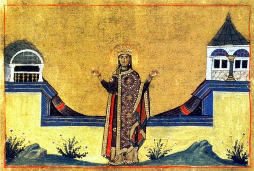 Iluminación de la Santa, revestida de la púrpura imperial, en el Menologio de Basilio II. Biblioteca Apostólica Vaticana, Roma (Italia).