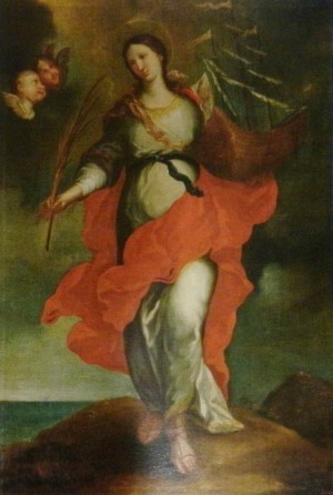 Óleo de la Santa con su atributo principal, el barco. Círculo de Francesc Tramulles, ss.XVII-XVIII. Sacristía de la catedral de Barcelona (España).