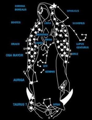 Imagen donde se muestran algunas constelaciones que se han identificado en el manto de la imagen guadalupana.