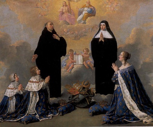 Ana de Austria y sus hijos rezando ante los Santos Benito y Escolástica. Lienzo de Philippe de Champagne en el retablo de las reliquias de Santa Escolástica, Juvigny-sur-Loison (Francia).