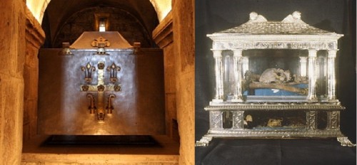 La urna con las reliquias de San Benito conservadas en Fleury y el relicario de Santa Escolástica de Le Mans, ambas en Francia.