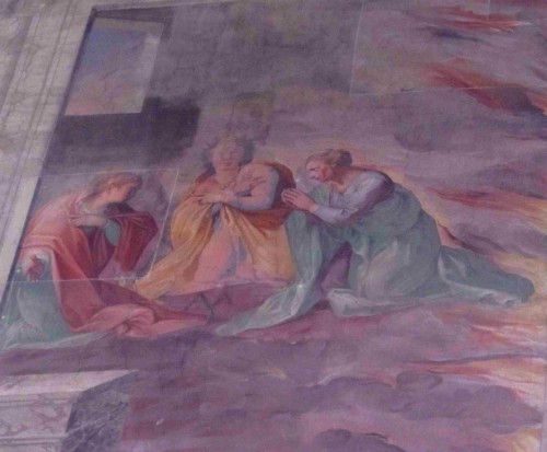 Domitila, Teodora y Eufrosina mueren quemadas en su casa. Basílica de los Santos Nereo y Aquiles, Roma (Italia).