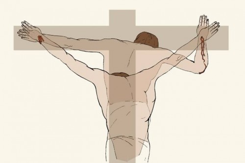 Vista de la posición adoptada por el Hombre de la Síndone en la crucifixión.