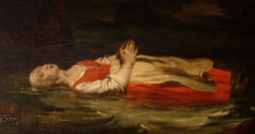 Detalle de un lienzo barroco donde se ve el cuerpo de la mártir flotando en el río. Iglesia de San Pedro, Lovaina (Bélgica).