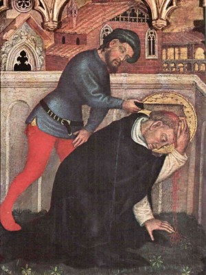 Pedro de Balsamo asesina a San Pedro de Verona. Tabla gótica de Gentile da Fabriano, Políptico de Valle Romita.