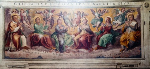 Gloria de los Santos Cesáreo, Nereo, Aquiles, Teodora, Eufrosine y Flavia Domitila. Fresco de Il Pormarancio. Basílica de los Santos Nereo y Aquiles, Roma (Italia).