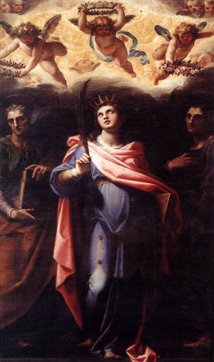 Lienzo de la Santa acompañada de los Santos Nereo y Aquiles, obra de Il Pomarancio (1598-99). Basílica de los Santos Nereo y Aquiles, Roma (Italia).