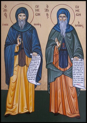 Icono ortodoxo griego de San Simeón el Nuevo Teólogo (izqda.) y su padre espiritual, San Simeón Eulabes (dcha.)