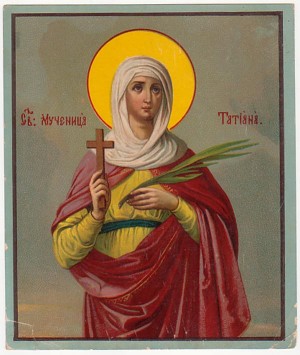Icono ortodoxo ruso de Santa Taciana, mártir romana, que combina el atributo de martirio propio de la iconografía ortodoxa (cruz) con el de la católica (palma).