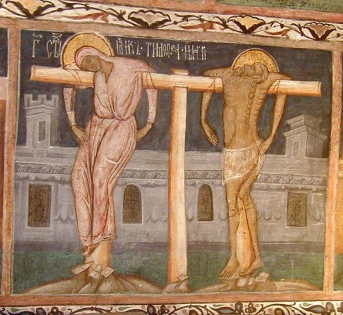 Muerte de los Santos en la cruz. Fresco ortodoxo en el monasterio de San Juan el Nuevo de Suceava, Rumanía.