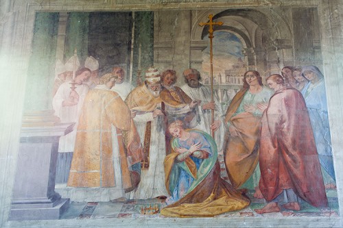 El papa Clemente impone el velo a Domitila en presencia de Nereo y Aquiles. Fresco de Il Pomarancio, Basílica de los Santos Nereo y Aquiles, Roma (Italia).