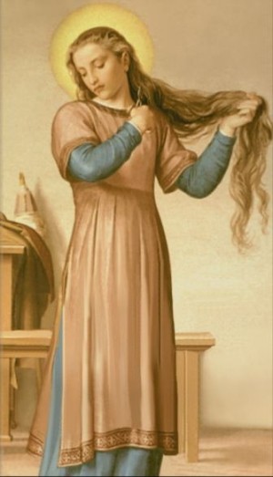 La Santa se corta el cabello como símbolo de su renuncia al mundo. Detalle de la pintura de Alessandro Fraschi (1893-96), Casa-Santuario de la Santa en Siena, Italia.