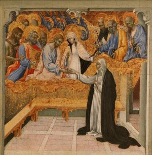 Desposorios místicos de la Santa. Tabla gótica de Giovanni di Paolo di Grazia (siglo XV).