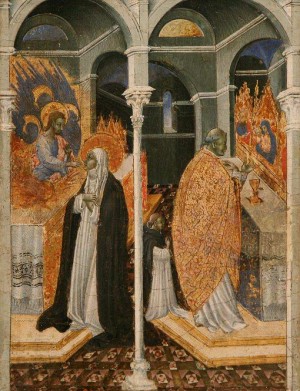 La Santa, recibiendo la comunión de manos de Cristo. Tabla gótica de Giovanni di Paolo di Grazia.